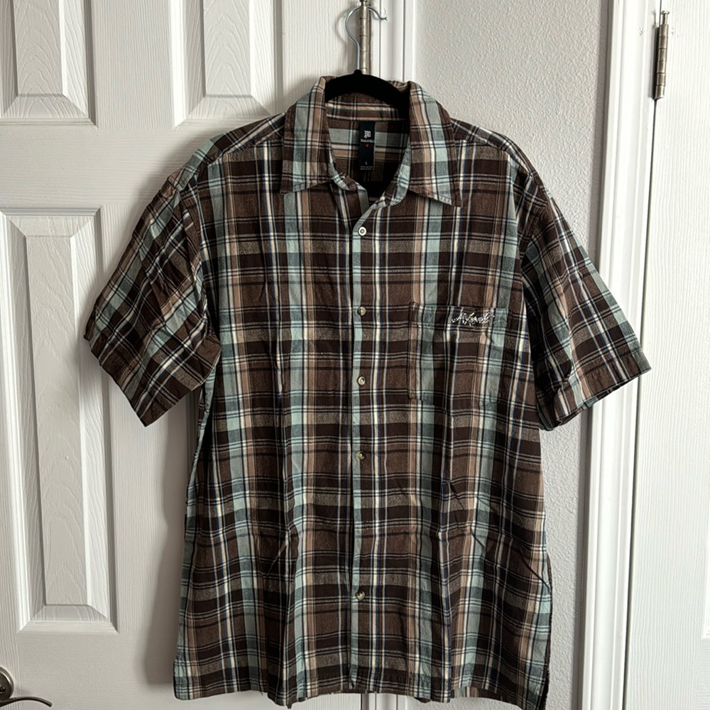 Makaveli Brown checkered short sleeve casual button up shirt 100% cotton